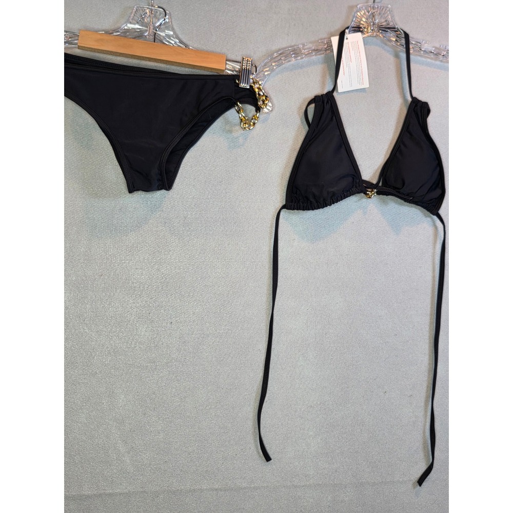 MUMUBREAL Black Triangle Bikini Set with Gold Chain Detail Size Large Broken